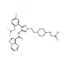 O=C(O)CNC1CCN(CCn2cc(NC(=O)c3cnn4cccnc34)c(-c3cc(Cl)ccc3OC(F)F)n2)CC1 ZINC001772644883