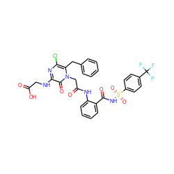 O=C(O)CNc1nc(Cl)c(Cc2ccccc2)n(CC(=O)Nc2ccccc2C(=O)NS(=O)(=O)c2ccc(C(F)(F)F)cc2)c1=O ZINC000058582809