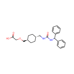 O=C(O)COC[C@H]1CC[C@H](CNC(=O)NC(c2ccccc2)c2ccccc2)CC1 ZINC001772573596