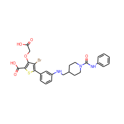 O=C(O)COc1c(C(=O)O)sc(-c2cccc(NCC3CCN(C(=O)Nc4ccccc4)CC3)c2)c1Br ZINC000028711550