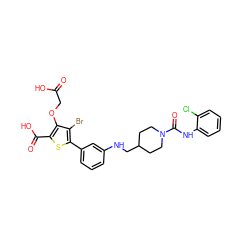 O=C(O)COc1c(C(=O)O)sc(-c2cccc(NCC3CCN(C(=O)Nc4ccccc4Cl)CC3)c2)c1Br ZINC000028711564