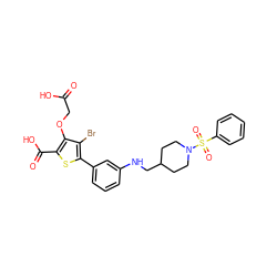 O=C(O)COc1c(C(=O)O)sc(-c2cccc(NCC3CCN(S(=O)(=O)c4ccccc4)CC3)c2)c1Br ZINC000028711549