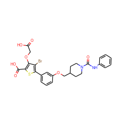 O=C(O)COc1c(C(=O)O)sc(-c2cccc(OCC3CCN(C(=O)Nc4ccccc4)CC3)c2)c1Br ZINC000028711551