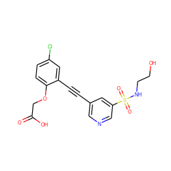 O=C(O)COc1ccc(Cl)cc1C#Cc1cncc(S(=O)(=O)NCCO)c1 ZINC000073161350