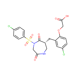 O=C(O)COc1ccc(Cl)cc1C[C@@H]1CNC(=O)CN(S(=O)(=O)c2ccc(Cl)cc2)C1=O ZINC000028894340