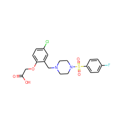 O=C(O)COc1ccc(Cl)cc1CN1CCN(S(=O)(=O)c2ccc(F)cc2)CC1 ZINC000035827714