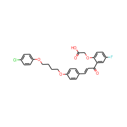 O=C(O)COc1ccc(F)cc1C(=O)/C=C/c1ccc(OCCCCOc2ccc(Cl)cc2)cc1 ZINC000058568572