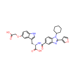 O=C(O)COc1ccc2[nH]cc(C[C@H](NC(=O)c3ccc4c(c3)nc(-c3ccoc3)n4C3CCCCC3)C(=O)O)c2c1 ZINC000003925296