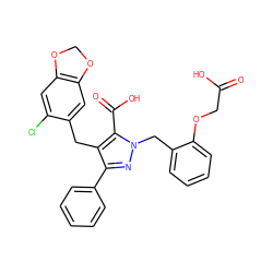 O=C(O)COc1ccccc1Cn1nc(-c2ccccc2)c(Cc2cc3c(cc2Cl)OCO3)c1C(=O)O ZINC000026576054