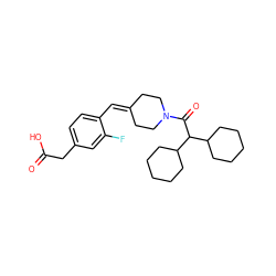 O=C(O)Cc1ccc(C=C2CCN(C(=O)C(C3CCCCC3)C3CCCCC3)CC2)c(F)c1 ZINC000013475219