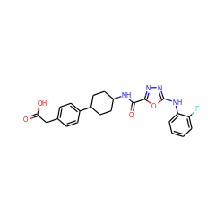 O=C(O)Cc1ccc(C2CCC(NC(=O)c3nnc(Nc4ccccc4F)o3)CC2)cc1 ZINC000084704344