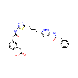 O=C(O)Cc1cccc(CC(=O)Nc2nnc(CCCCc3ccc(NC(=O)Cc4ccccc4)nn3)s2)c1 ZINC000169698375