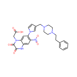 O=C(O)Cn1c(=O)c(=O)[nH]c2cc([N+](=O)[O-])c(-n3ccc(CN4CCN(CCc5ccccc5)CC4)c3)cc21 ZINC000026248722