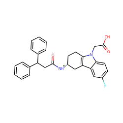 O=C(O)Cn1c2c(c3cc(F)ccc31)C[C@H](NC(=O)CC(c1ccccc1)c1ccccc1)CC2 ZINC000095573451