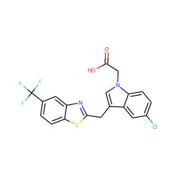 O=C(O)Cn1cc(Cc2nc3cc(C(F)(F)F)ccc3s2)c2cc(Cl)ccc21 ZINC000011536150