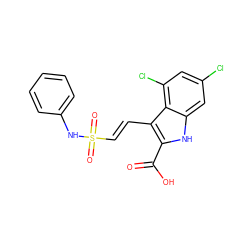 O=C(O)c1[nH]c2cc(Cl)cc(Cl)c2c1/C=C/S(=O)(=O)Nc1ccccc1 ZINC000013761275