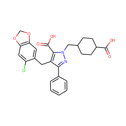 O=C(O)c1c(Cc2cc3c(cc2Cl)OCO3)c(-c2ccccc2)nn1CC1CCC(C(=O)O)CC1 ZINC000026576459