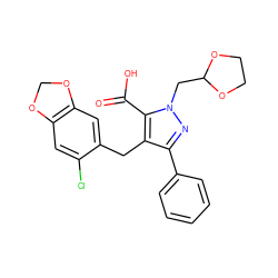 O=C(O)c1c(Cc2cc3c(cc2Cl)OCO3)c(-c2ccccc2)nn1CC1OCCO1 ZINC000026576564