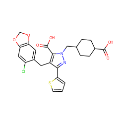 O=C(O)c1c(Cc2cc3c(cc2Cl)OCO3)c(-c2cccs2)nn1CC1CCC(C(=O)O)CC1 ZINC000026575873