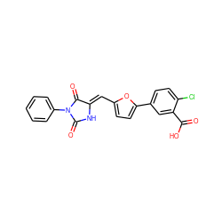 O=C(O)c1cc(-c2ccc(/C=C3\NC(=O)N(c4ccccc4)C3=O)o2)ccc1Cl ZINC000009330076