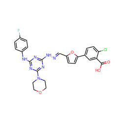 O=C(O)c1cc(-c2ccc(/C=N/Nc3nc(Nc4ccc(F)cc4)nc(N4CCOCC4)n3)o2)ccc1Cl ZINC000049808058