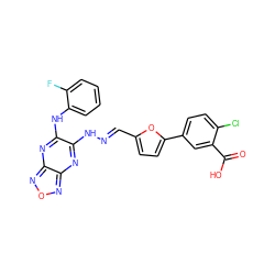 O=C(O)c1cc(-c2ccc(/C=N/Nc3nc4nonc4nc3Nc3ccccc3F)o2)ccc1Cl ZINC000025809402