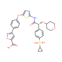 O=C(O)c1cc(-c2ccc(Oc3cnc(NC(=O)[C@H](OC4CCOCC4)c4ccc(S(=O)(=O)C5CC5)cc4)s3)cc2)no1 ZINC000220917723