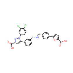 O=C(O)c1cc(-c2cccc(CNCc3ccc(-c4ccc(C(=O)O)o4)cc3)c2)n(-c2ccc(Cl)c(Cl)c2)n1 ZINC000299868052