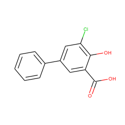 O=C(O)c1cc(-c2ccccc2)cc(Cl)c1O ZINC000020593727