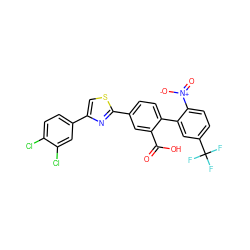 O=C(O)c1cc(-c2nc(-c3ccc(Cl)c(Cl)c3)cs2)ccc1-c1cc(C(F)(F)F)ccc1[N+](=O)[O-] ZINC000205061877