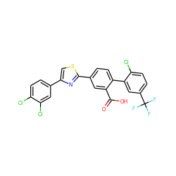 O=C(O)c1cc(-c2nc(-c3ccc(Cl)c(Cl)c3)cs2)ccc1-c1cc(C(F)(F)F)ccc1Cl ZINC000219598992