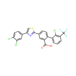 O=C(O)c1cc(-c2nc(-c3ccc(Cl)c(Cl)c3)cs2)ccc1-c1cccc(C(F)(F)F)c1Cl ZINC000219598803