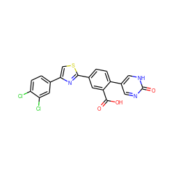 O=C(O)c1cc(-c2nc(-c3ccc(Cl)c(Cl)c3)cs2)ccc1-c1cnc(=O)[nH]c1 ZINC000204956165