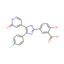 O=C(O)c1cc(-c2nc(-c3ccc(F)cc3)c(-c3cc[nH]c(=O)c3)[nH]2)ccc1O ZINC000299831379