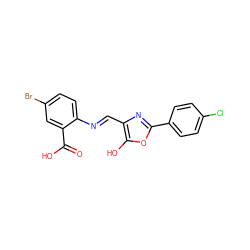 O=C(O)c1cc(Br)ccc1/N=C/c1nc(-c2ccc(Cl)cc2)oc1O ZINC000013588213