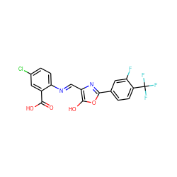 O=C(O)c1cc(Cl)ccc1/N=C/c1nc(-c2ccc(C(F)(F)F)c(F)c2)oc1O ZINC000013588220