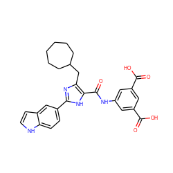 O=C(O)c1cc(NC(=O)c2[nH]c(-c3ccc4[nH]ccc4c3)nc2CC2CCCCCC2)cc(C(=O)O)c1 ZINC000013674682