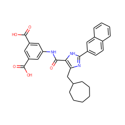 O=C(O)c1cc(NC(=O)c2[nH]c(-c3ccc4ccccc4c3)nc2CC2CCCCCC2)cc(C(=O)O)c1 ZINC000013674675