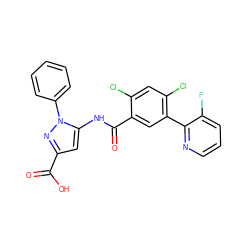 O=C(O)c1cc(NC(=O)c2cc(-c3ncccc3F)c(Cl)cc2Cl)n(-c2ccccc2)n1 ZINC001772609697