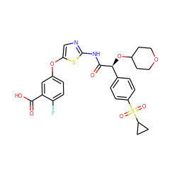 O=C(O)c1cc(Oc2cnc(NC(=O)[C@@H](OC3CCOCC3)c3ccc(S(=O)(=O)C4CC4)cc3)s2)ccc1F ZINC000220895283