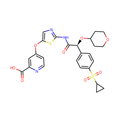 O=C(O)c1cc(Oc2cnc(NC(=O)[C@@H](OC3CCOCC3)c3ccc(S(=O)(=O)C4CC4)cc3)s2)ccn1 ZINC000220894304