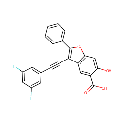 O=C(O)c1cc2c(C#Cc3cc(F)cc(F)c3)c(-c3ccccc3)oc2cc1O ZINC000095597373