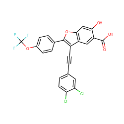 O=C(O)c1cc2c(C#Cc3ccc(Cl)c(Cl)c3)c(-c3ccc(OC(F)(F)F)cc3)oc2cc1O ZINC000096272277