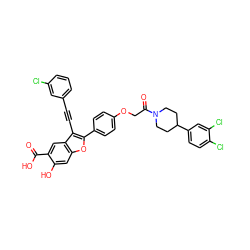 O=C(O)c1cc2c(C#Cc3cccc(Cl)c3)c(-c3ccc(OCC(=O)N4CCC(c5ccc(Cl)c(Cl)c5)CC4)cc3)oc2cc1O ZINC000096272271