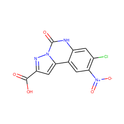 O=C(O)c1cc2c3cc([N+](=O)[O-])c(Cl)cc3[nH]c(=O)n2n1 ZINC000013472578