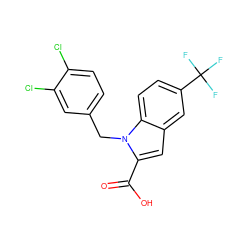 O=C(O)c1cc2cc(C(F)(F)F)ccc2n1Cc1ccc(Cl)c(Cl)c1 ZINC000013588875