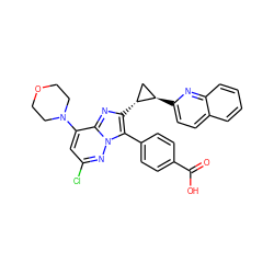 O=C(O)c1ccc(-c2c([C@@H]3C[C@H]3c3ccc4ccccc4n3)nc3c(N4CCOCC4)cc(Cl)nn23)cc1 ZINC001772585038