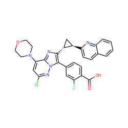 O=C(O)c1ccc(-c2c([C@@H]3C[C@H]3c3ccc4ccccc4n3)nc3c(N4CCOCC4)cc(Cl)nn23)cc1F ZINC001772654476