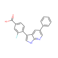 O=C(O)c1ccc(-c2c[nH]c3ncc(-c4ccccc4)cc23)c(F)c1 ZINC001772632178