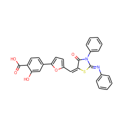 O=C(O)c1ccc(-c2ccc(/C=C3/S/C(=N\c4ccccc4)N(c4ccccc4)C3=O)o2)cc1O ZINC000013473741